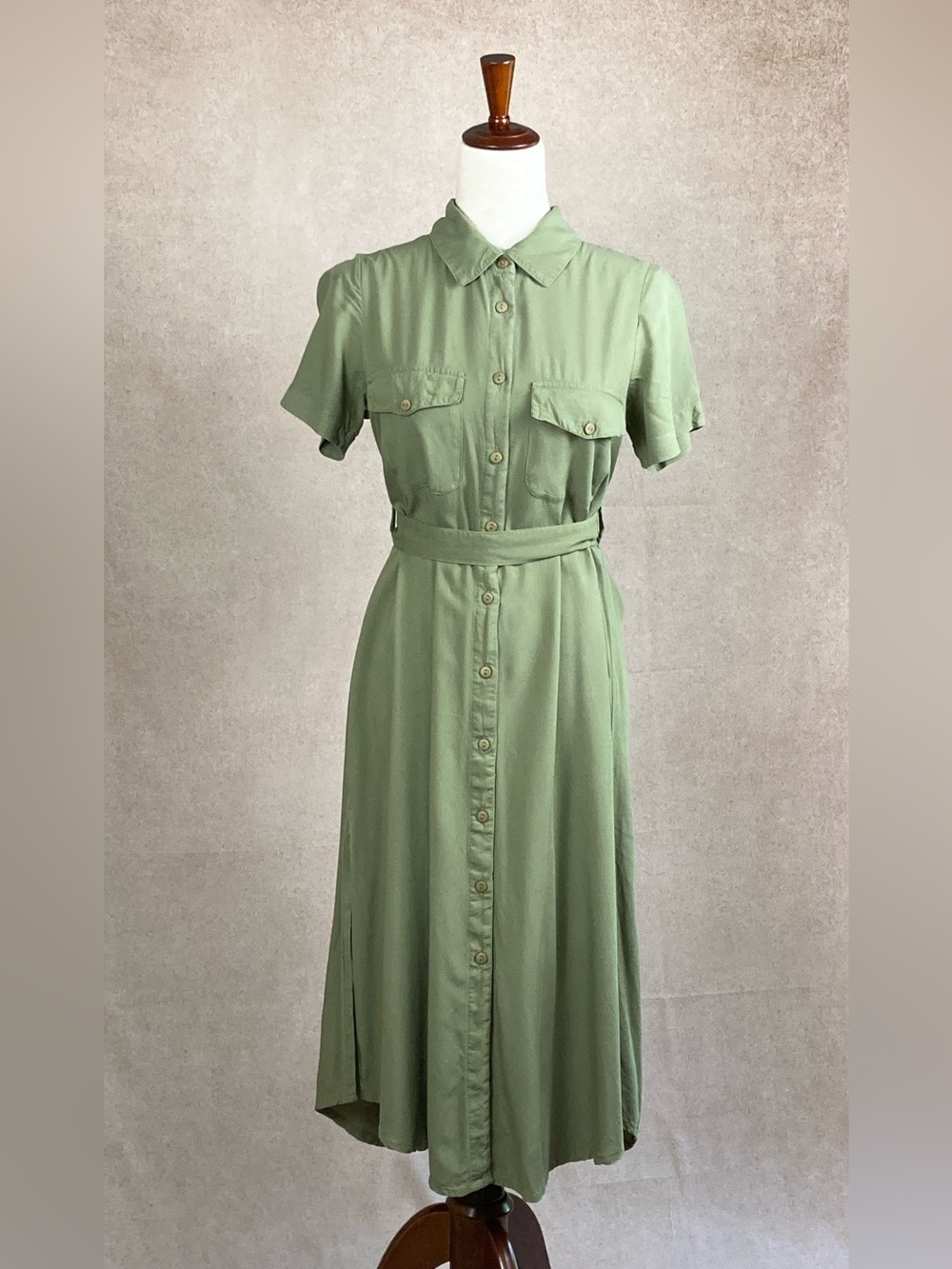 April Cornell Sage Green Button-Front Midi Safari Dress